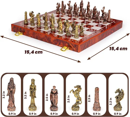 Miniatura 6 de Juego de ajedrez vintage de metal para adultos y niños, tablero de madera de 15 pulgadas con piezas de metal, juego de ajedrez de viaje, juego