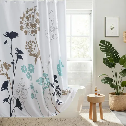 Silhouette - Cortina de ducha con diseño de tela azul impermeable, diseño de plantas de poliéster blancas y azul marino, para baño, 72 pulgadas de
