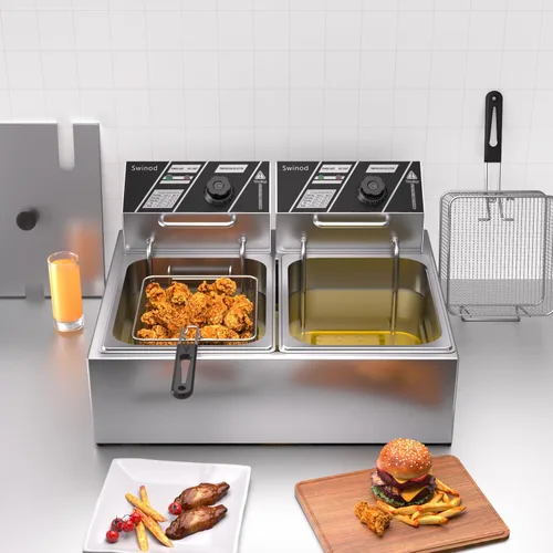 Miniatura 6 de Freidora comercial profunda con cestas, 3400W 12.7QT/12L de acero inoxidable engrosado para mostrador, freidora eléctrica de aceite de gran