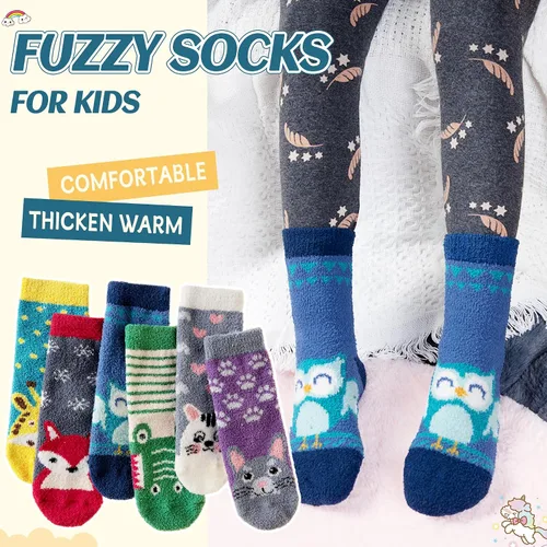 Miniatura 5 de Calcetines peludos para niños, antideslizantes, suaves y esponjosos, calcetines cálidos de felpa acogedora para niños y niñas, 6 pares