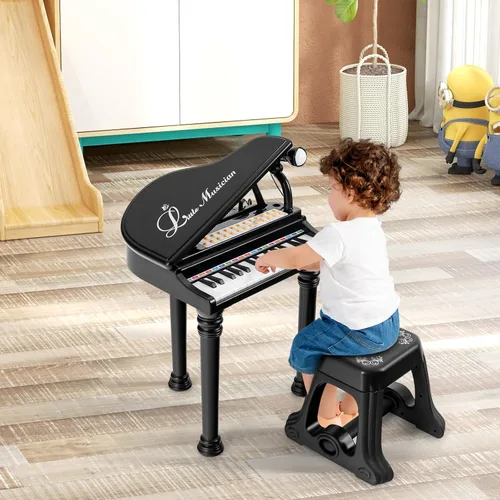 Miniatura 8 de HONEY JOY Piano clásico para niños, mini piano de cola de juguete de 31 teclas con soporte de música y taburete, piano electrónico portátil