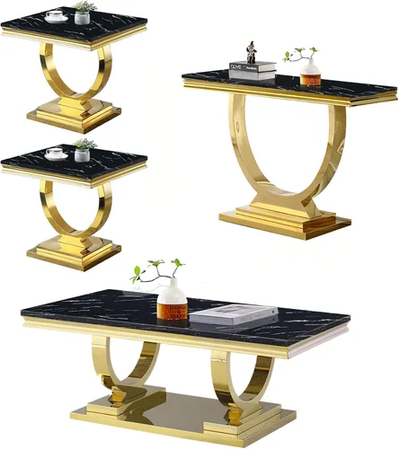 Miniatura 15 de Juego de 2 mesas de café de mármol, juego de mesa de sala de estar de 2 piezas que incluye 1 mesa auxiliar y 1 mesa auxiliar, moderna mesa auxiliar