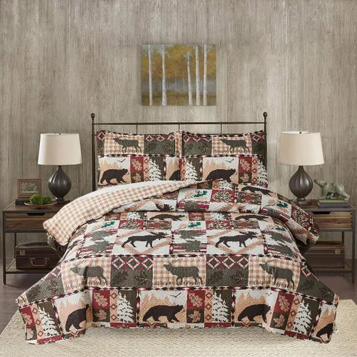 Miniatura 8 de Juego de edredón rústico de alce tamaño matrimonial/queen, colcha estilo lodge ligera de verano para cabaña, ropa de cama de campo, oso del bosque