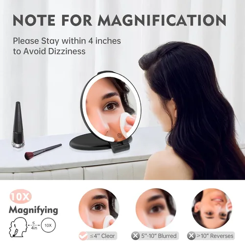 Miniatura 7 de FUNTOUCH Espejo de viaje con luz, espejo de maquillaje recargable 1X/10X con aumento, 7 pulgadas, doble cara, 3 modos de iluminación