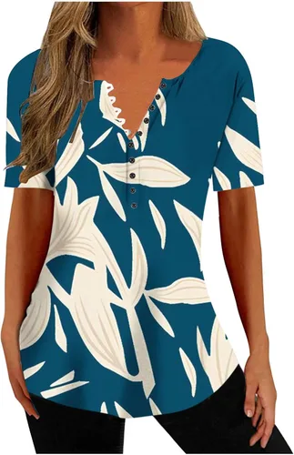 Miniatura 120 de Summer Shirts for Women 2025 Plus Size Short Sleeve Henley Tops Marble Floral Loose Tshirt Tee Casual Dressy Tunics