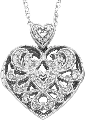 Boston Bay Diamonds .925 Sterling Silver 110 Cttw Diamond Studded Filigree Heart Locket and Oval Shaped Flower Locket Fashion Pendant on 18 Rope