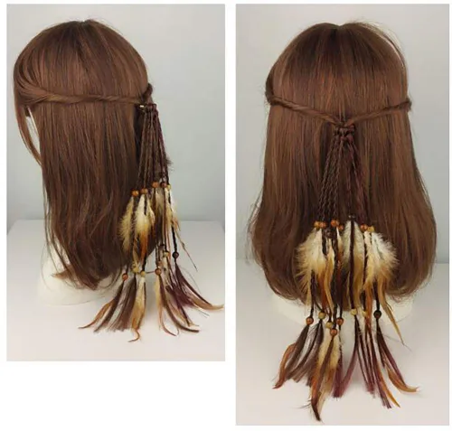 Miniatura 5 de 4 piezas de cuerda para el pelo de plumas gitanas hippies hechas a mano para mujer para cola de caballo bohemia, elásticos con plumas, diadema