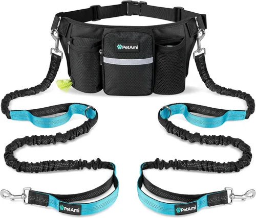 Miniatura 8 de PetAmi Correa de perro manos libres premium para 2 perros, correa de cinturón ajustable para caminar con perro, bolsa de accesorios de mochila