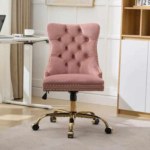 Miniatura 10 de Silla de escritorio, moderna silla de oficina en casa tapizada de terciopelo, sillas de escritorio giratorias de 360° sin brazos, sillas ergonómicas