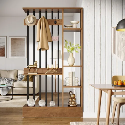 Miniatura 2 de Tribesigns Divisor de pared de habitación, estantería independiente de madera con estantes y ganchos para abrigos, partición de pared moderna de 71