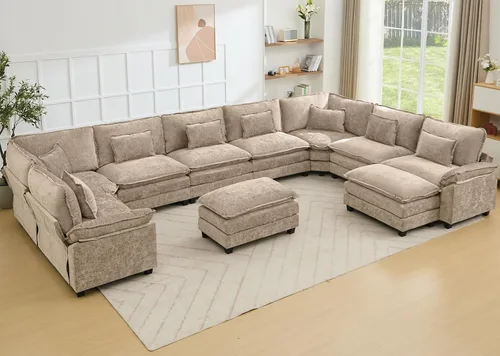 Miniatura 34 de Juego de sofá seccional modular de gran tamaño, sofá de nube convertible de asiento profundo, sofá esquinero grande en forma de L con cojines Beige