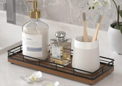 Bandeja Decorativa de Madera, Roble 11.2" L Bandeja de Mesa de Café para Encimera de Cocina Portador de Jabón y Esponja Portavelas Mesa de Mesita de
