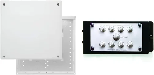 On-Q EN1400 EN Gabinete CRS de calibre 20 con tapa atornillada, 14 pulgadas, blanco brillante y divisor de video pasivo mejorado VM1002 1X8, 1 GHz