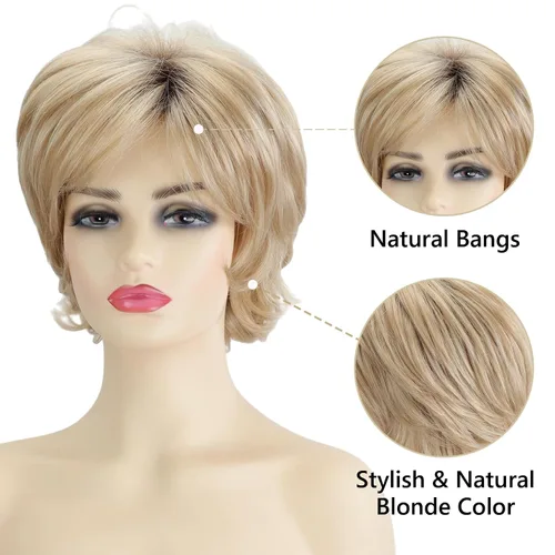 Miniatura 4 de TISHINING Pelucas Rizadas Cortas de Corte Pixie Ombre Rubias para Mujeres Blancas Peluca Rubia Mixta Esponjosa en Capas con Flequillo de Aspecto