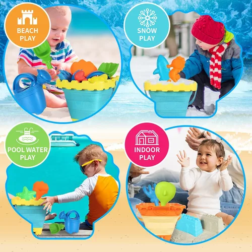 Miniatura 4 de Elovien Juego de juguetes de arena de playa, 24 juguetes de caja de arena con bolsa de malla incluida 2 cubos plegables, moldes de arena, palas
