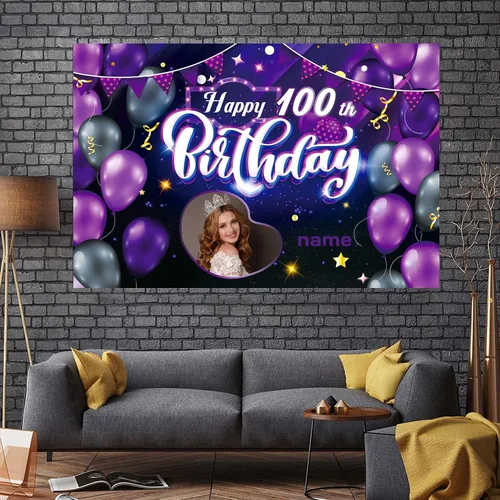 Miniatura 7 de Cartel decorativo personalizado de feliz cumpleaños número 100, personalización, morado, tamaños grandes, soporta fotos y nombres personalizados