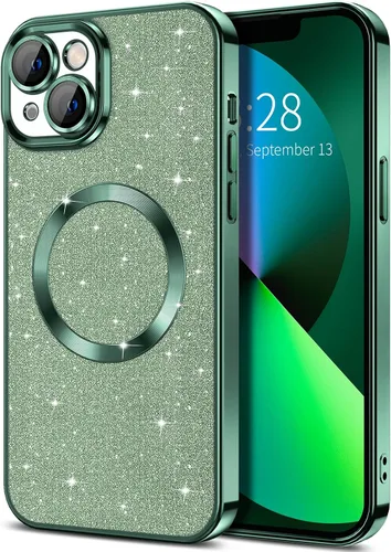 Miniatura 74 de Hython Funda para iPhone 13 Pro Max con purpurina, fundas magnéticas transparentes para teléfono con protector de lente de cámara