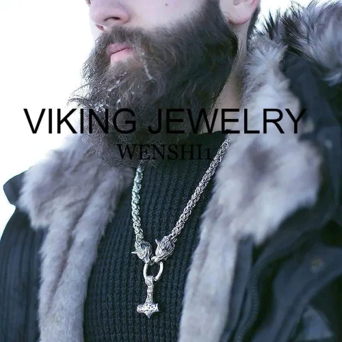 Miniatura 7 de Black Viking Odin Thunder Hammer And Roaring Wolf Head Mjolnir Thora's Hammer Amulet Necklace Viking Jewelry