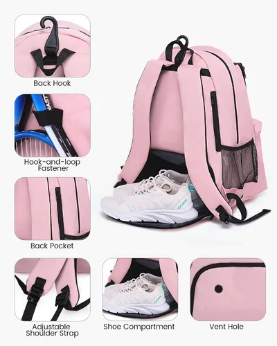 Miniatura 2 de Sucipi Bolsa de Tenis Profesional Mochila de Tenis para Hombres y Mujeres Bolsas de Raqueta con Capacidad para 2 Raquetas con Compartimento Rosa