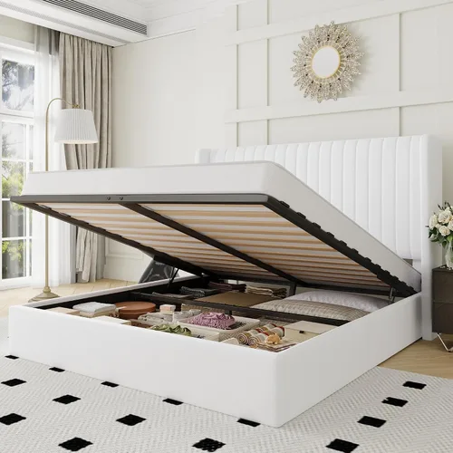 Miniatura 13 de Allewie Base de cama de almacenamiento elevable de tamaño matrimonial, sistema de soporte hidráulico, marco de cama de plataforma tapizada