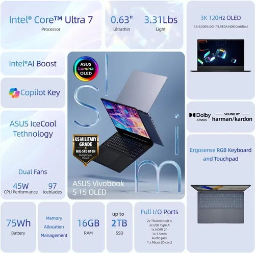 Miniatura 3 de ASUS Vivobook S 15 portátil, pantalla OLED de 15.6 pulgadas 3K 120Hz, 16 núcleos Ultra 7 155H, gráficos Intel Arc, 16 GB de RAM, 1 TB SSD, RGB