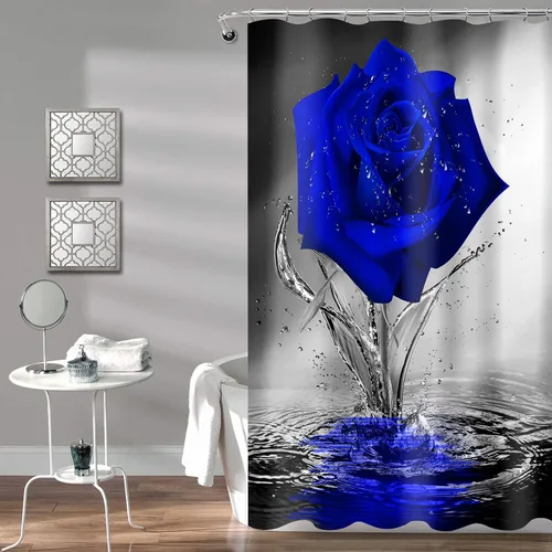Miniatura 10 de JAWO Cortina de ducha con diseño de rosas, románticas flores y rosas rojas reflejadas en el agua, cortina de baño de tela, cortina de baño negra
