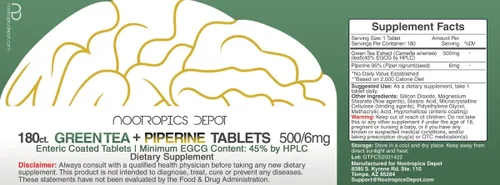 Miniatura 2 de Nootropics Depot Tabletas de extracto de té verde 180 unidades 500 mg Mínimo 45% EGCG + 6 mg de piperina Recubierto entérico