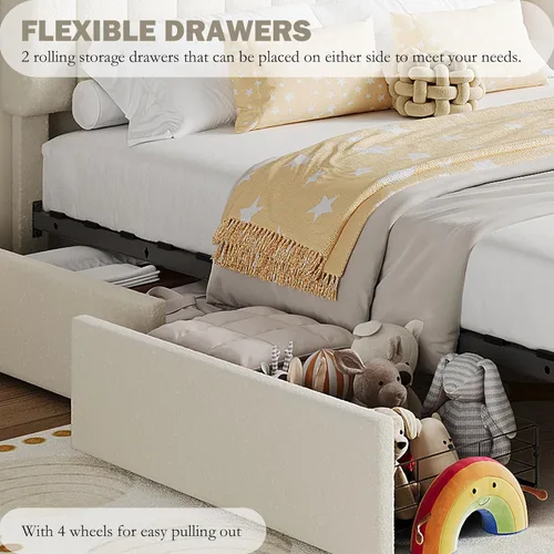 Miniatura 7 de IDEALHOUSE Base de cama individual para niños, cama plataforma tapizada con botones para niños/niñas con 2 cajones flexibles, cabecero tipo