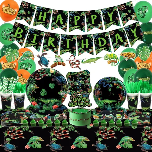Miniatura 8 de KEFAN Decoraciones de fiesta de reptiles, lagartos de vida silvestre, serpientes, cocodrilos, suministros de vajilla para fiesta, incluyendo Fondo