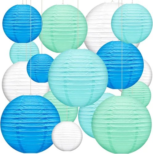 16 linternas de papel colgantes redondas azules de papel decorativas de 6 pulgadas, 8 pulgadas, 10 y 12 pulgadas, cuatro colores para cumpleaños,