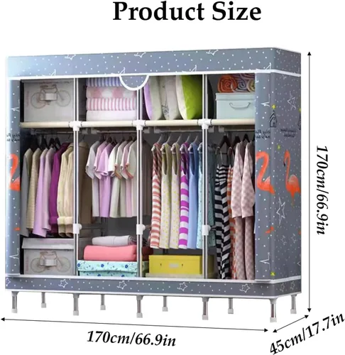 Miniatura 2 de large closets Portable Wardrobe Closet with Pattern Cloth Cover Wardrobe Closet Steel Rack Closet for Clothes Saves Space Storage Closet Space-saving