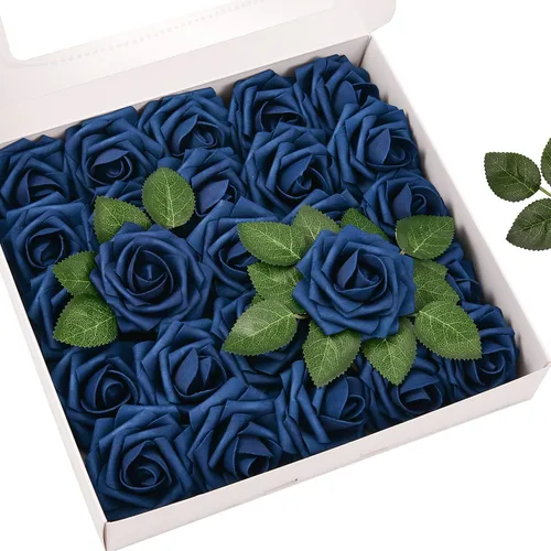 Hermosas rosas artificiales hechas a mano, 25 por caja con 8 juegos de hojas. Flores falsas con cabeza de 3 pulgadas, tallo de alambre de 8