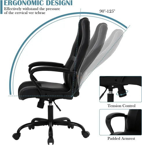 Miniatura 3 de Silla ergonómica para juegos de PC, respaldo alto, con soporte lumbar, reposabrazos ajustable, de piel sintética, giratoria, escritorio de oficina