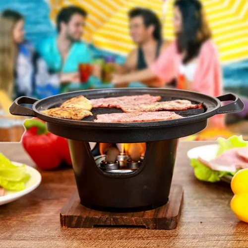 Miniatura 6 de Parrilla de carbón, parrilla de carbón portátil Hibachi japonesa con base de madera, 8.46 x 6.89 x 5.31 pulgadas, parrilla portátil sin humo