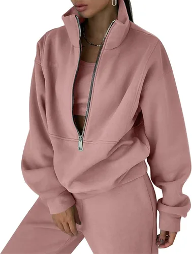 PEHMEA Conjunto deportivo de 2 piezas de otoño para mujer, con forro polar, holgado, manga larga, media cremallera, cómodo conjunto de descanso para