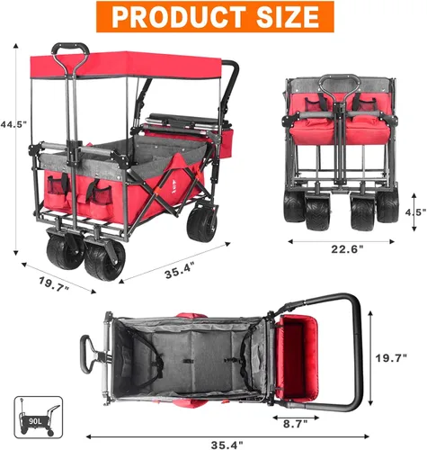 Miniatura 2 de Carro plegable con toldo extraíble y bolsa enfriadora, carrito plegable resistente con ruedas todo terreno de 4 pulgadas para campamento, playa, Rojo