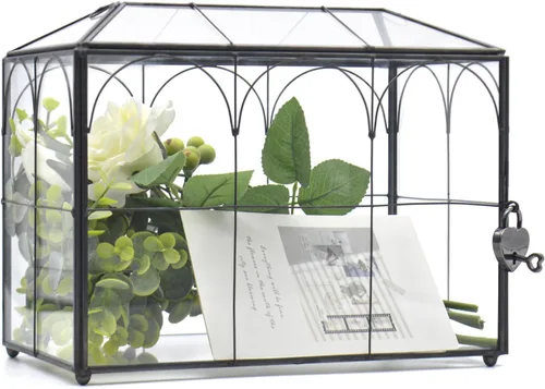 Caja grande de tarjetas negra y de vidrio para boda con cerradura y ranura, tarjetero para sobres de boda para recepción, caja de cerradura