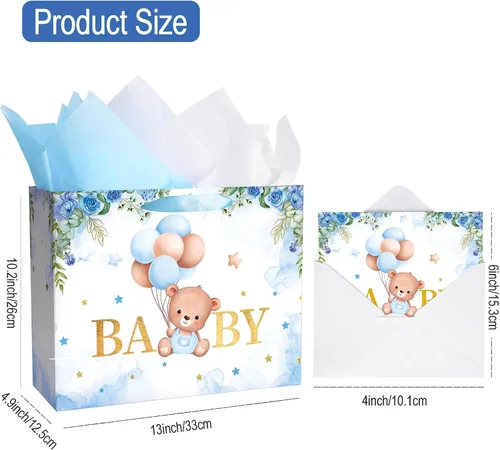 Miniatura 2 de Plauthus Bolsas de regalo grandes para bebé de 13 pulgadas con papel de seda y tarjeta de felicitación (oso de balón y floral), bolsas de regalo