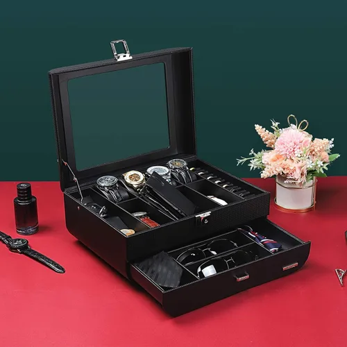 Miniatura 2 de Homde Caja de reloj con diseño de arco de fibra de carbono, organizador de joyas de lujo con cajón, parte superior de cristal y cerradura