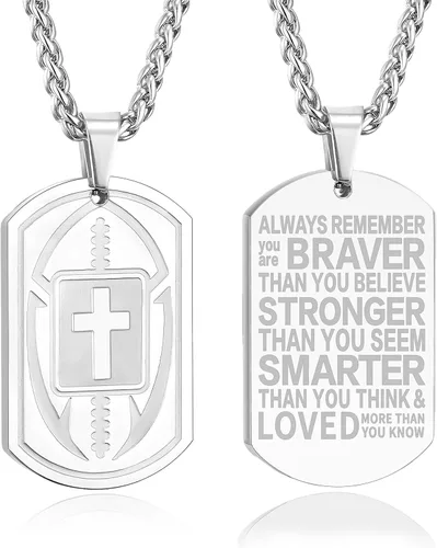 Miniatura 20 de Collar de cruz de versículo bíblico de fútbol para hombres, regalo religioso de acero inoxidable, joyería deportiva de fútbol, regalos de Pascua