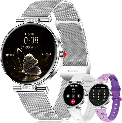 Miniatura 9 de Reloj inteligente para mujer, 1.19 pulgadas, pantalla táctil AMOLED, reloj de fitness (llamadas/notificaciones), 3 correas, monitor de frecuencia
