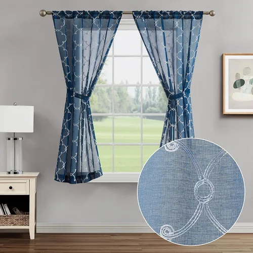 Creative Home Ideas Cortinas transparentes (2 paneles, 38 x 63 pulgadas, azul), paneles de cortina geométricos bordados con alzapaños, cortinas con