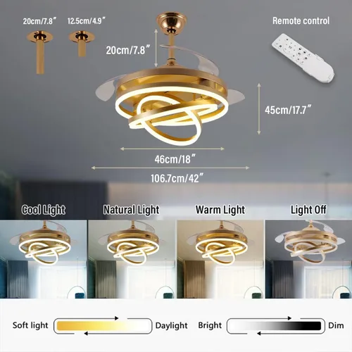 Miniatura 3 de 42" Retractable Ceiling Fan with Lights and Remote,Modern Silent DC Motor Ceiling Fan Dimmable 3 Color 6 Speed Ceiling Fans for Bedroom Living