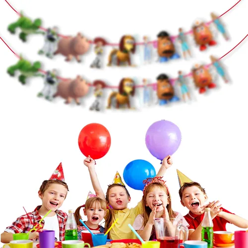 Miniatura 4 de Guirnalda decorativa de juguete para fiesta de cumpleaños, pancarta colgante inspirada en dibujos animados con tema de vaquero y héroe espacial