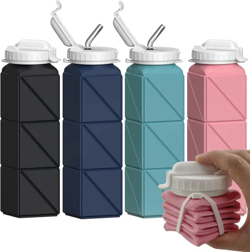 Miniatura 22 de BEAUTAIL Botellas de agua plegables de 20.6 onzas, botella de agua portátil plegable de silicona, ligera, reutilizable, a prueba de fugas