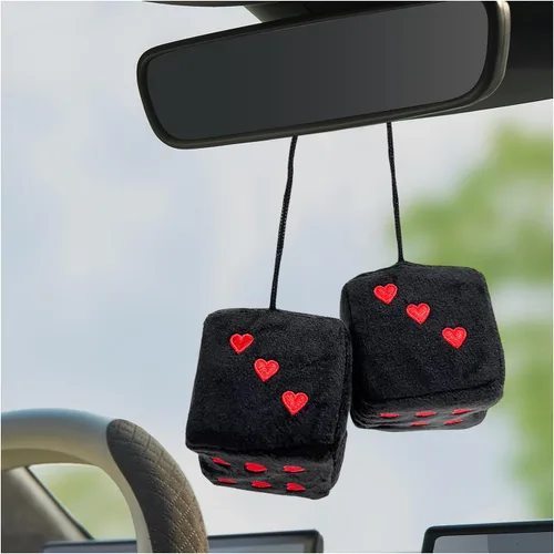 Miniatura 7 de 1 par de dados de felpa mullidos para espejo de automóvil, dados cuadrados retro de 3 pulgadas con forma de corazón, adorno colgante de dados retro