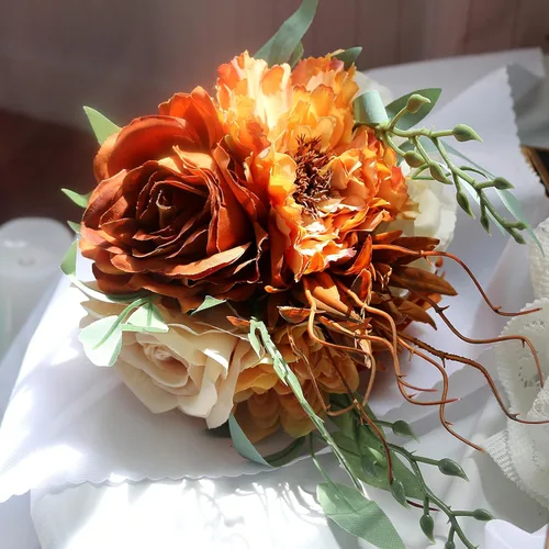 Miniatura 4 de Ramos de dama de honor para boda, juego de 6 ramos de flores artificiales para decoración de otoño, boda, propuesta de matrimonio, fiesta, Naranja