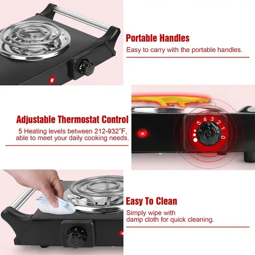 Miniatura 7 de Placa caliente de 2000 W, estufa eléctrica portátil para encimera, quemadores de bobina doble con control de temperatura de 5 niveles y asas que se