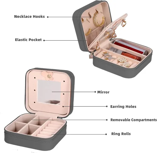 Miniatura 5 de Joyero de viaje con espejo, mini organizador portátil para anillos, aretes, collares, regalos para niñas y mujeres