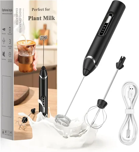 Espumador de leche recargable para plantas, espumador de leche de café de 3 velocidades portátil con 2 batidores de acero inoxidable desmontables